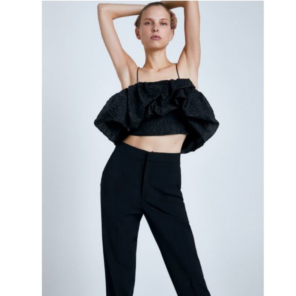 Zara Black Volumizing Spaghetti Straps Crop Top XS